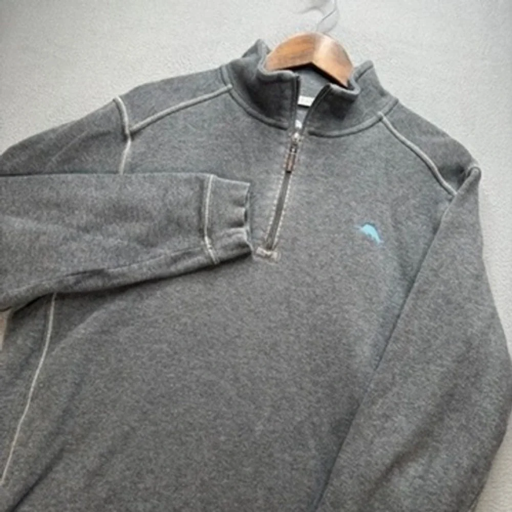Tommy Bahama Relax Quarter Zip Pullover Sweater Relaxed Medium Gray Cotton Logo